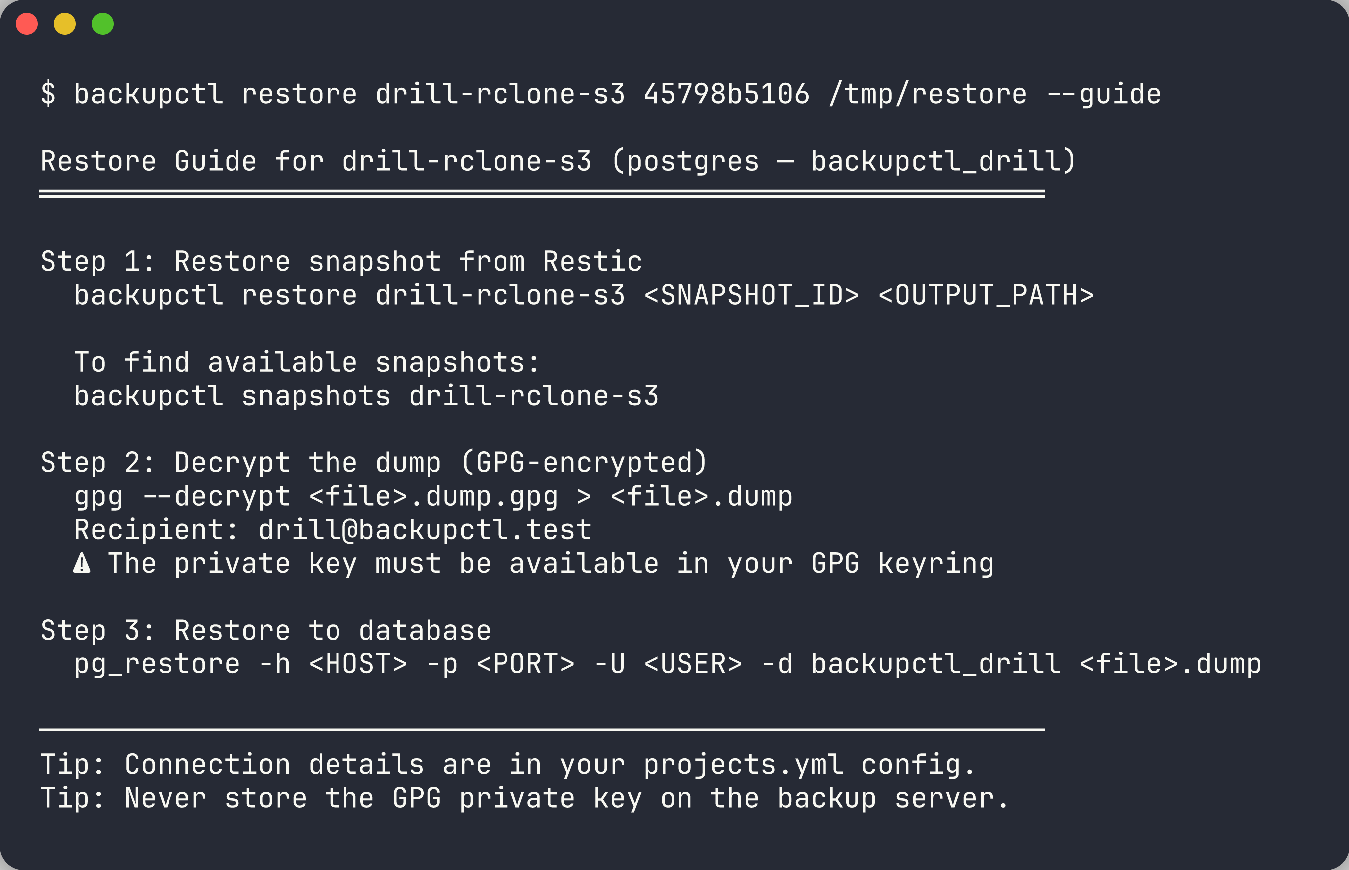 config-aware restore guide for an encrypted postgres project
