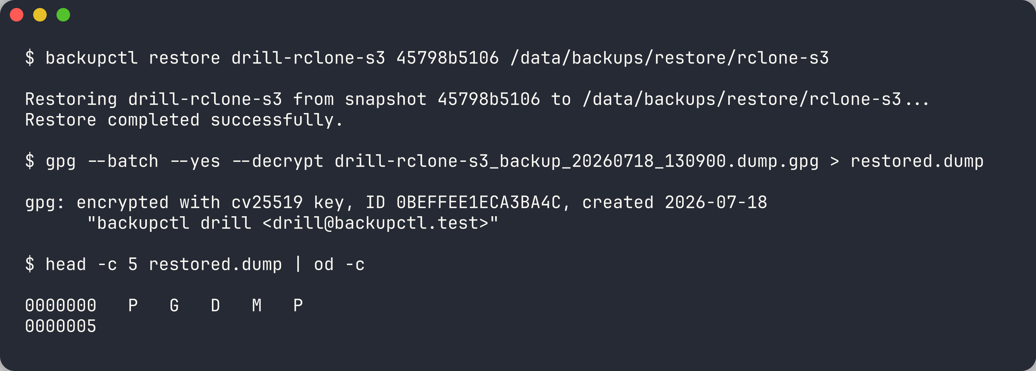 restore, GPG decrypt, and PGDMP header confirmation